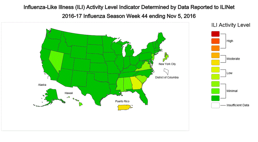 Map: While current U.S. flu activity is low overall, localized influenza outbreaks have been reported.