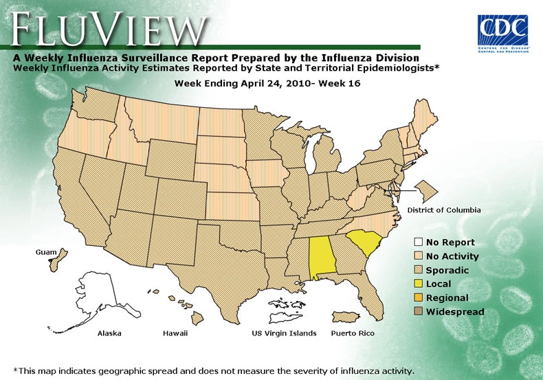 FluView, Week Ending April 24, 2010. Weekly Influenza Surveillance Report Prepared by the Influenza Division. Weekly Influenza Activity Estimate Reported by State and Territorial Epidemiologists. Select this link for more detailed data.