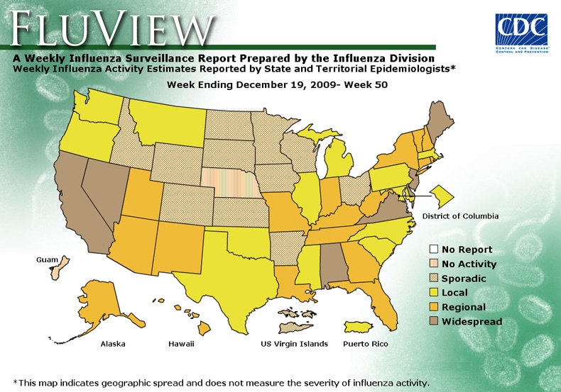 FluView, Week Ending December 19, 2009. Weekly Influenza Surveillance Report Prepared by the Influenza Division. Weekly Influenza Activity Estimate Reported by State and Territorial Epidemiologists. Select this link for more detailed data.