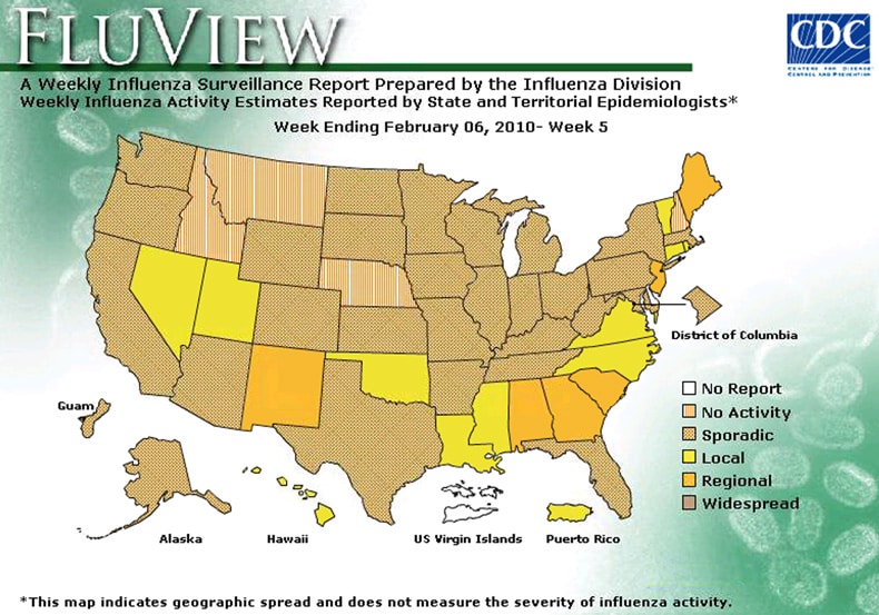 FluView, Week Ending February 6, 2010. Weekly Influenza Surveillance Report Prepared by the Influenza Division. Weekly Influenza Activity Estimate Reported by State and Territorial Epidemiologists. Select this link for more detailed data.
