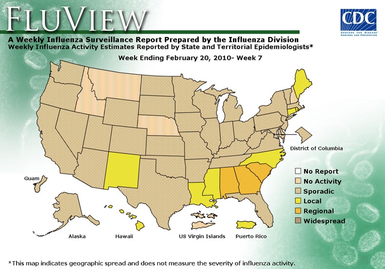 FluView, Week Ending February 20, 2010. Weekly Influenza Surveillance Report Prepared by the Influenza Division. Weekly Influenza Activity Estimate Reported by State and Territorial Epidemiologists. Select this link for more detailed data.