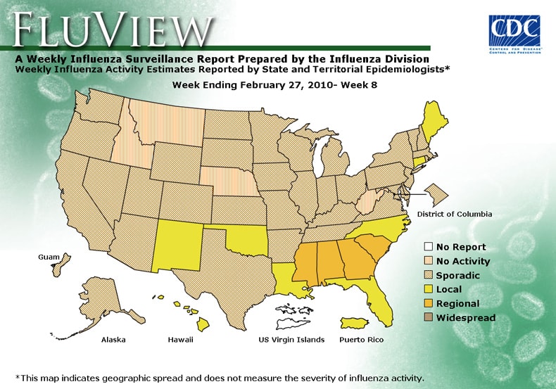 FluView, Week Ending February 27, 2010. Weekly Influenza Surveillance Report Prepared by the Influenza Division. Weekly Influenza Activity Estimate Reported by State and Territorial Epidemiologists. Select this link for more detailed data.