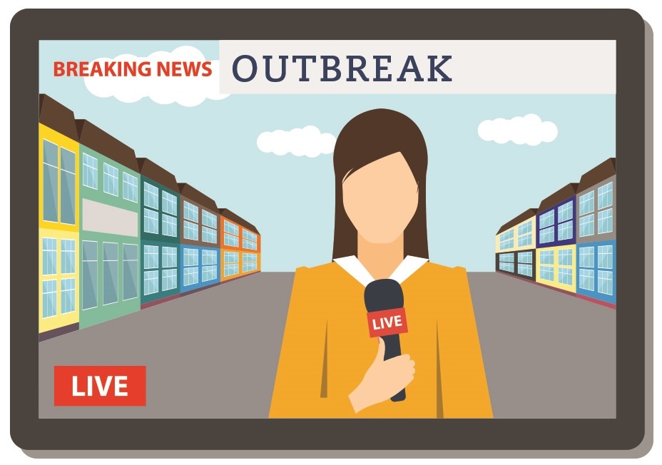 Illustration of a reporter on a street with the words Breaking News Live Outbreak