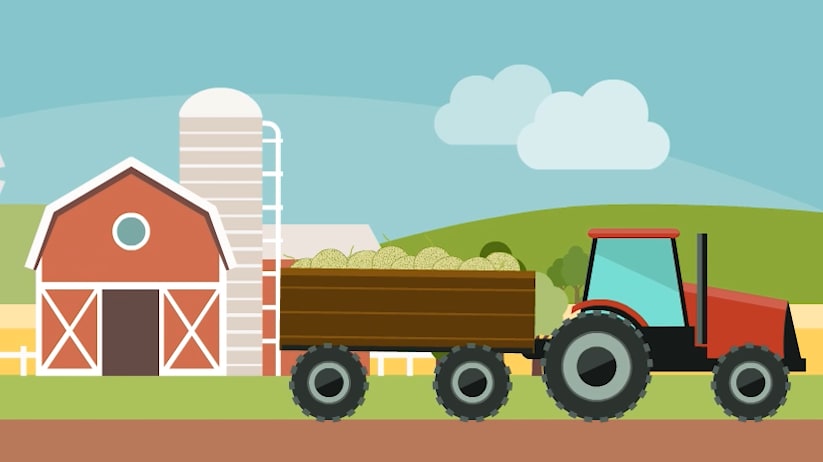 This image an illustration of a tractor pulling a trailer in front of a barn.