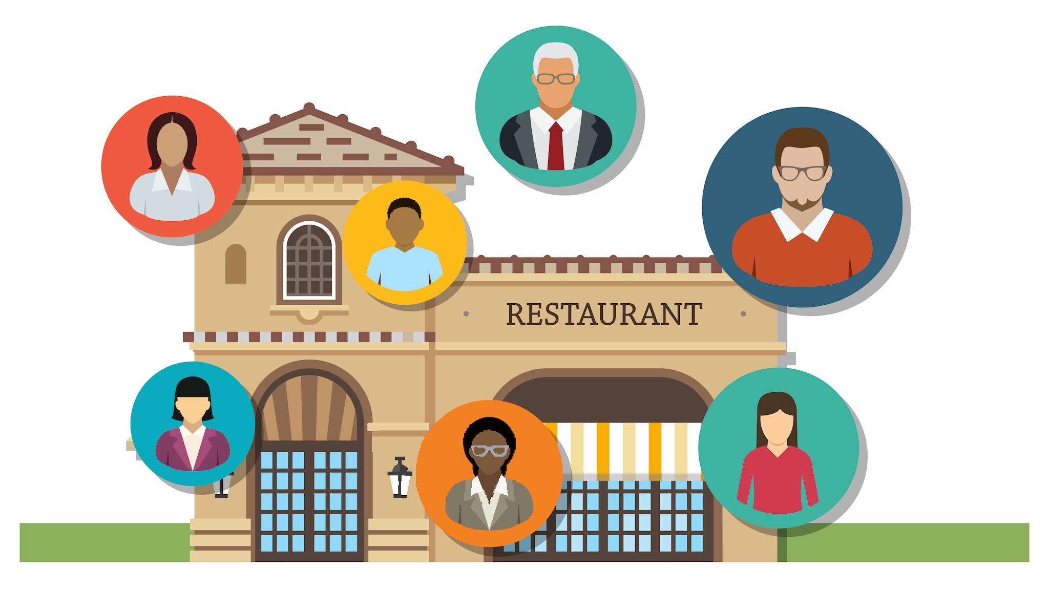 Image shows an illustration of a restaurant with 7 different colored circles around it. Each circle has the face of a person.
