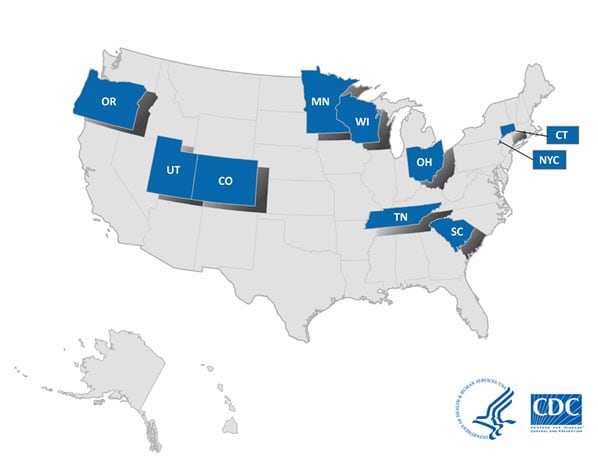 US Map of FoodCORE Centers. Centers include Connecticut, Colorado, Minnesota, New York City, Ohio, Oregon, South Carolina, Tennessee, Utah, and Wisconsin.