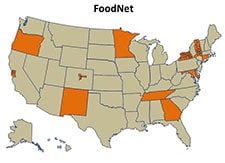 Map of the United States showing the states involved with FoodNet