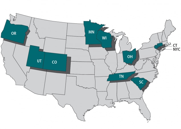 Map showing the FoodCORE year seven centers including Colorado, Connecticut, Minnesota, New York City, Ohio, Oregon, South Carolina, Tennessee, Utah, and Wisconsin