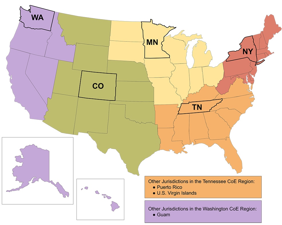 CoE Regional Map with the six regional states: Washington, Colorado, Minnesota, Tennessee, and New York.