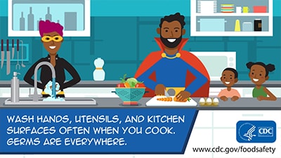 Clean: Wash hands, utensils, and kitchen surfaces often when you cook. Germs are everywhere. Download this social media image.