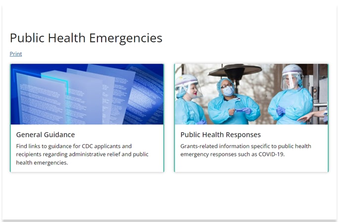 Public Health Emergencies, web page screenshot