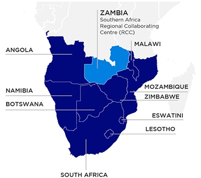 Map of Southern Africa with the Southern Africa Regional Collaborating Center (RCC) Member States identified: Zambia (Southern Africa Regional Collaborating Centre (RCC)), Malawi, Mozambique, Zimbabwe, Eswatini, Lesotho, South Africa, Botswana, Namibia, Angola)