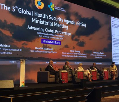 Representatives from WHO, OIE, FAO, and World Bank discuss global partnerships for health security, Indonesia, 2018. Photo: Maureen Bartee