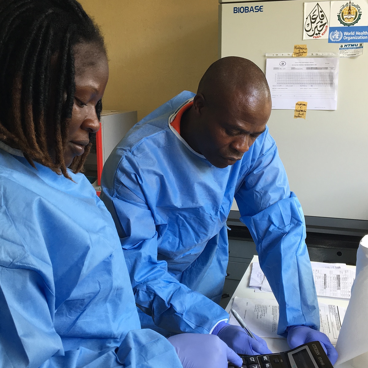 In 2019, National Public Health Institute of Liberia bioengineers make calculations to assess and repair bio safety cabinets