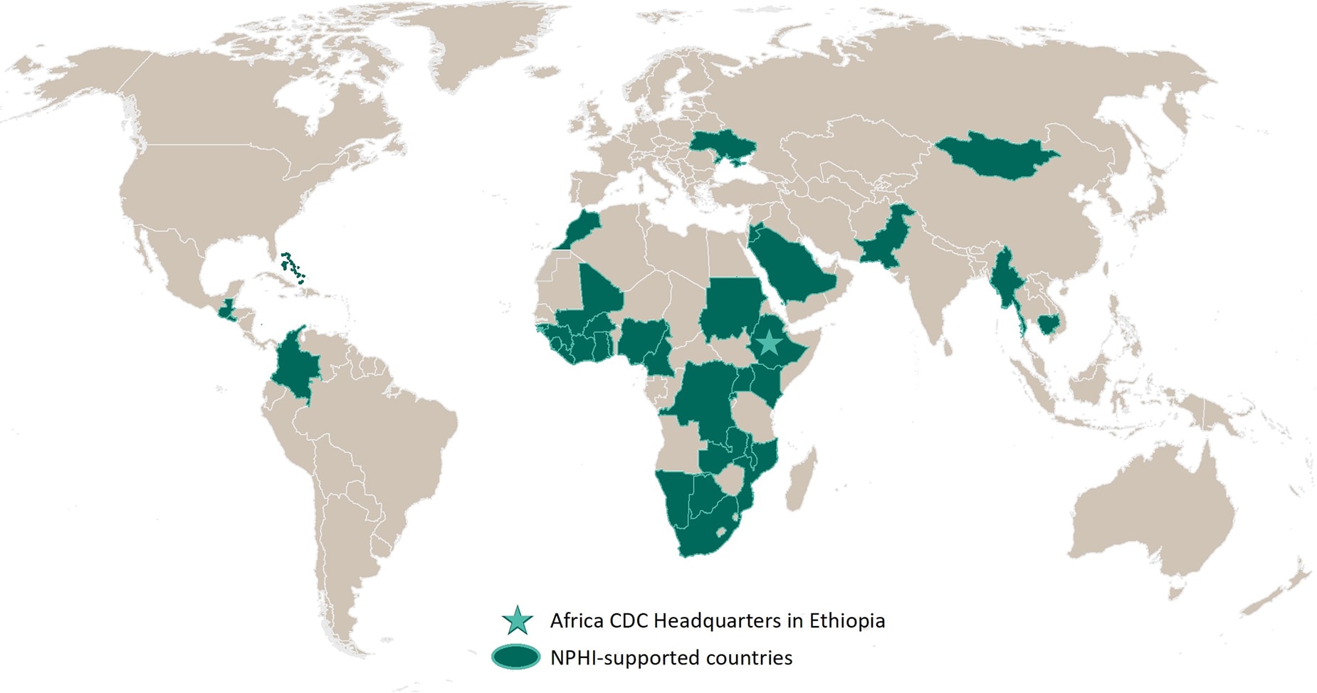 All countries the US CDC NPHI program has supported since 2011, effective May 1, 2020