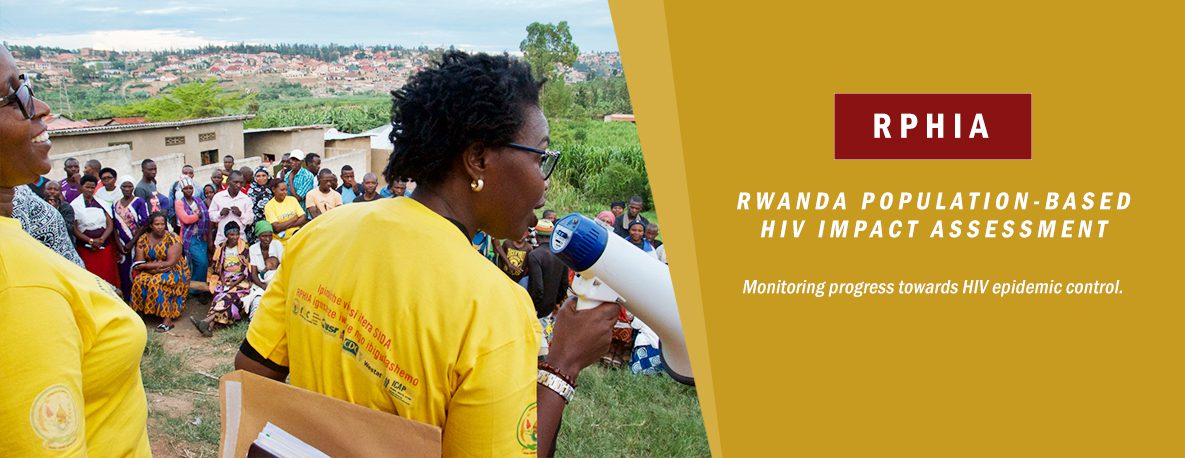 Image, woman speaks to crowd. Rwanda Population-based HIV Impact Assessment (RPHIA)