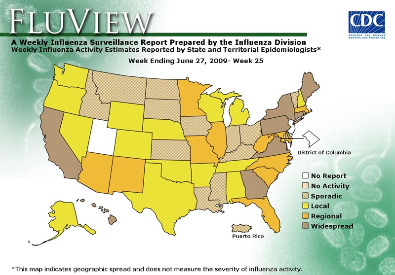 FluView, Week Ending June 27, 2009. Weekly Influenza Surveillance Report Prepared by the Influenza Division. Weekly Influenza Activity Estimate Reported by State and Territorial Epidemiologists. Select this link for more detailed data.