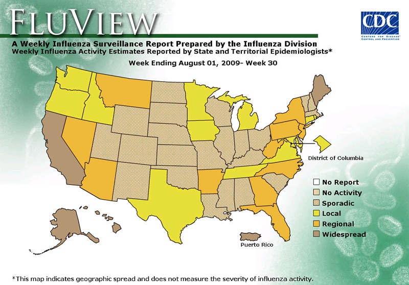 FluView, Week Ending August 1, 2009. Weekly Influenza Surveillance Report Prepared by the Influenza Division. Weekly Influenza Activity Estimate Reported by State and Territorial Epidemiologists. Select this link for more detailed data.