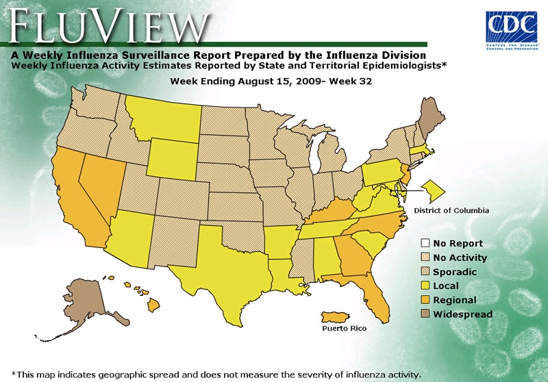 FluView, Week Ending August 15, 2009. Weekly Influenza Surveillance Report Prepared by the Influenza Division. Weekly Influenza Activity Estimate Reported by State and Territorial Epidemiologists. Select this link for more detailed data.