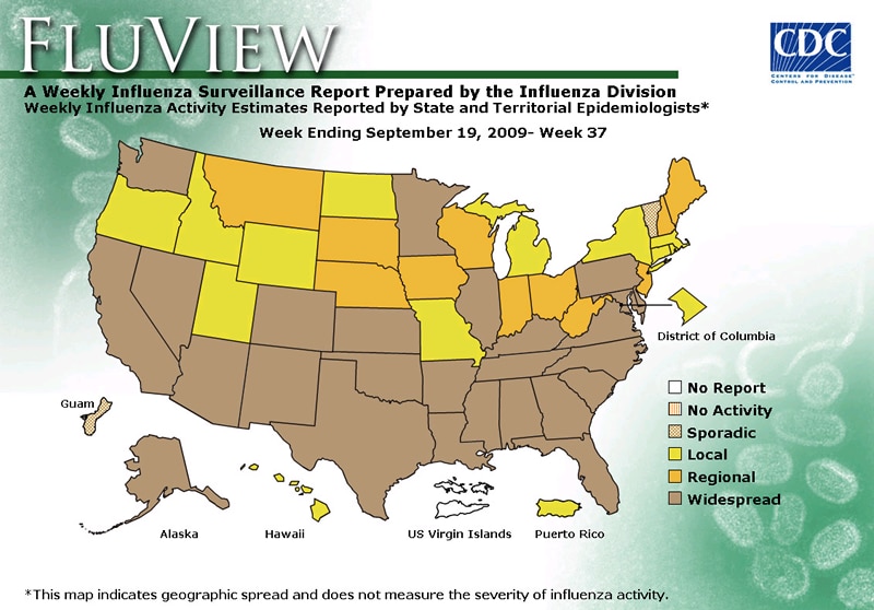FluView, Week Ending September 19, 2009. Weekly Influenza Surveillance Report Prepared by the Influenza Division. Weekly Influenza Activity Estimate Reported by State and Territorial Epidemiologists. Select this link for more detailed data.