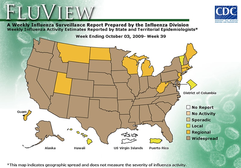 FluView, Week Ending October 3, 2009. Weekly Influenza Surveillance Report Prepared by the Influenza Division. Weekly Influenza Activity Estimate Reported by State and Territorial Epidemiologists. Select this link for more detailed data.