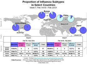 This picture depicts a map of the world that shows the co-circulation of 2009 H1N1 flu and seasonal influenza viruses. The United States, Canada, Europe, Japan and China are depicted. There is a pie chart for each that shows the proportion of laboratory confirmed influenza cases that have tested positive for either 2009 H1N1 flu or other influenza subtypes. The majority of laboratory confirmed influenza cases reported in the United States, Canada, Europe, and Japan have been 2009 H1N1 flu.
