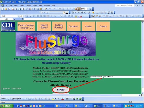 Displays the opening page of the FluSurge Special Edition software.  You must select the START command to begin using the software.