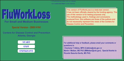 Displays the opening page of the FluWorkLoss Special Edition program, which allows the user to officially begin using the software.