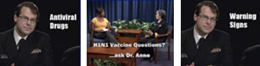 Photo of Dr. Joe Bresee from CDC Influenza Division at the beginning of a podcast about Antiviral drugs, Photo of Dr. Schuchat with an interviewer at the beginning of a podcast about H1N1 Vaccine Questions and photo of Dr. Joe Bresee from CDC Influenza Division at the beginning of a podcast about Warning Signs