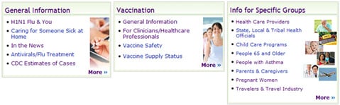 Graphic showing General Information Tab, Vaccination Tab and Info for Specific Groups area on the CDC 2009 H1N1 web site
