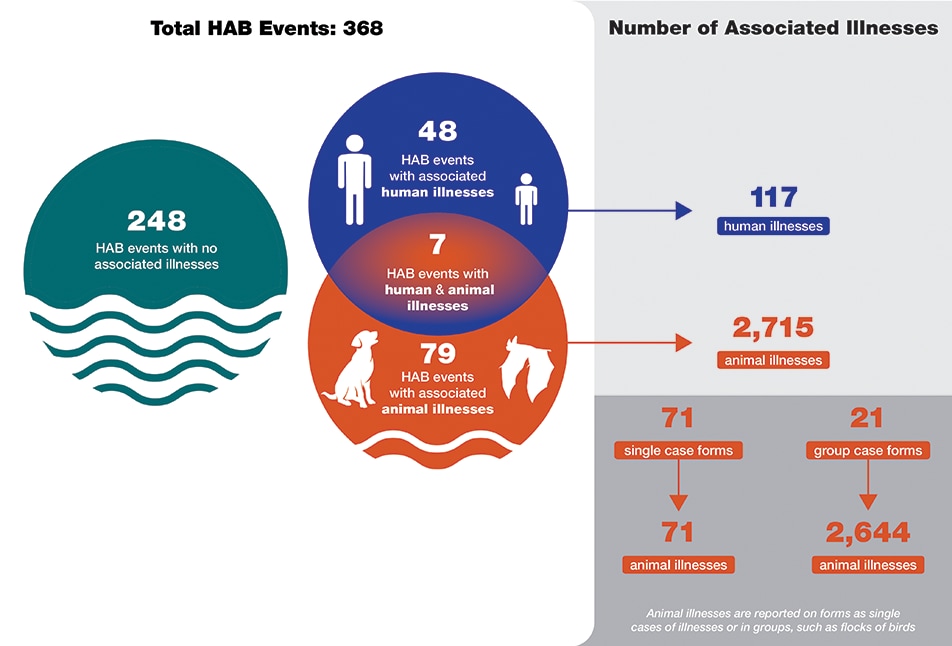 Total HAB Events: 368, 248 not associated with illness, 48 with human illnesses, 79 with animal illnesses, 7 with both. Number of associated illnesses: 117 human, 2715 animal.