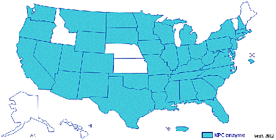 A blue and white map of the United States showing states with carbapenemase-producing CRE confirmed by CDC.