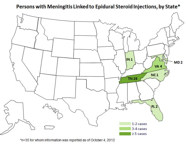 United States map of Persons with meningitis linked to epidural steroid injections Indiana (1),  Maryland (2), Virginia (4), Tennessee (25), North Carolina (1),  Florida (2).	