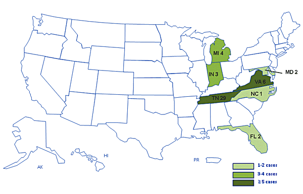United States map of Persons with meningitis linked to epidural steroid injections.
