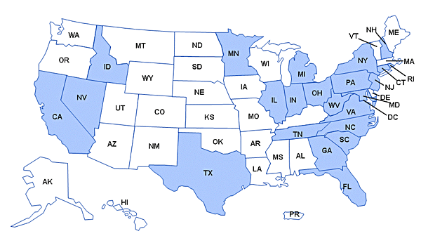 United States map of Healthcare Facilities which Received Lots of Methylprednisolone Acetate (PF) Recalled from New England Compounding Center on September 26, 2012