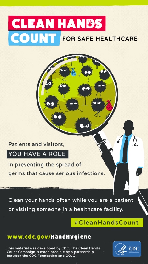 Clean Hands Count for Safe Healthcare telling patients and visitors they have a role in infection prevention with an image of a doctor holding a magnifier with germs.