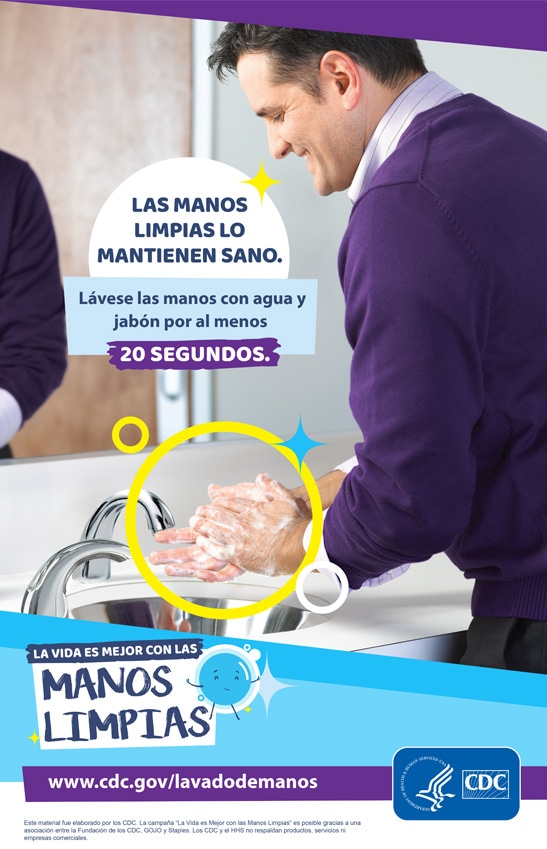 Un hombre que se lava las manos en el baño y un recordatorio para que el lavado de manos sea un hábito saludable.