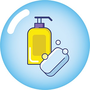 Ilustración: botella de jabón y una pastilla de jabón