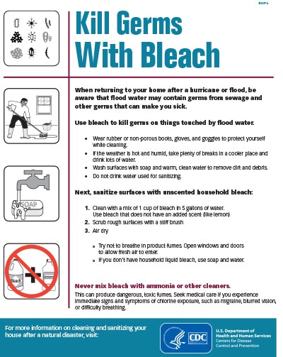 Learn how to use bleach to kill germs on things touched by floodwater and how to sanitize surfaces.
