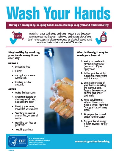 Learn how to wash your hands during an emergency or disaster.