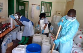 Accelerated mass alcohol-based hand rub production of over 16,400 liters to support Ebola outbreak response in high-risk districts.