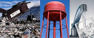 Ground Water Images: a truck at dump, a water tower, and water from a faucet