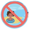 Niños en piscina con advertencia de no orinar en la piscina