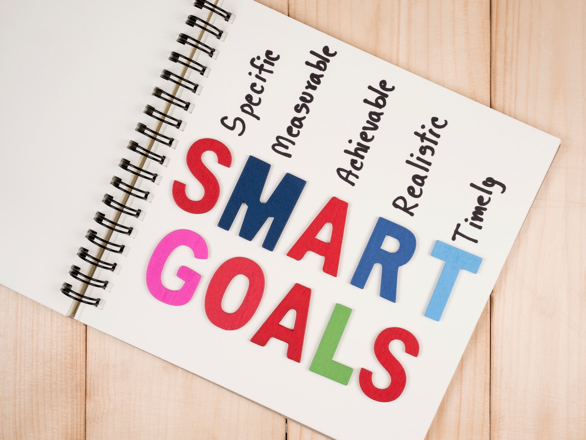 SMART Goals on blank notebook with wood background (Business Concept)
