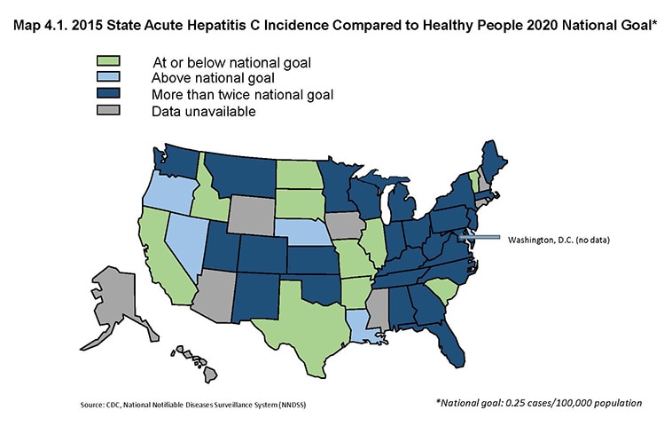 Map 4.1. 2015 State Acute Hepatitis C Incidence Compared to Healthy People 2020 National Goal
