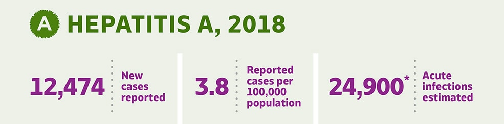 HEPATITIS A, 2018. 12,474 New cases reported. 3.8 Reported cases per 100,000 population. 24,900 Acute infections estimated