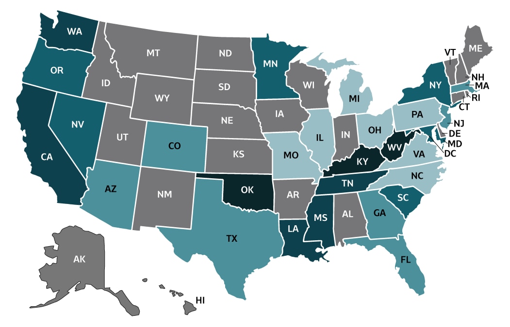 Figure 2.8. The map shows rate of deaths with hepatitis B listed as a cause of death by states in 2018. States are grouped and shaded based on reported rate of deaths per 100,000/population.  States with unreliable data are grouped separately. 