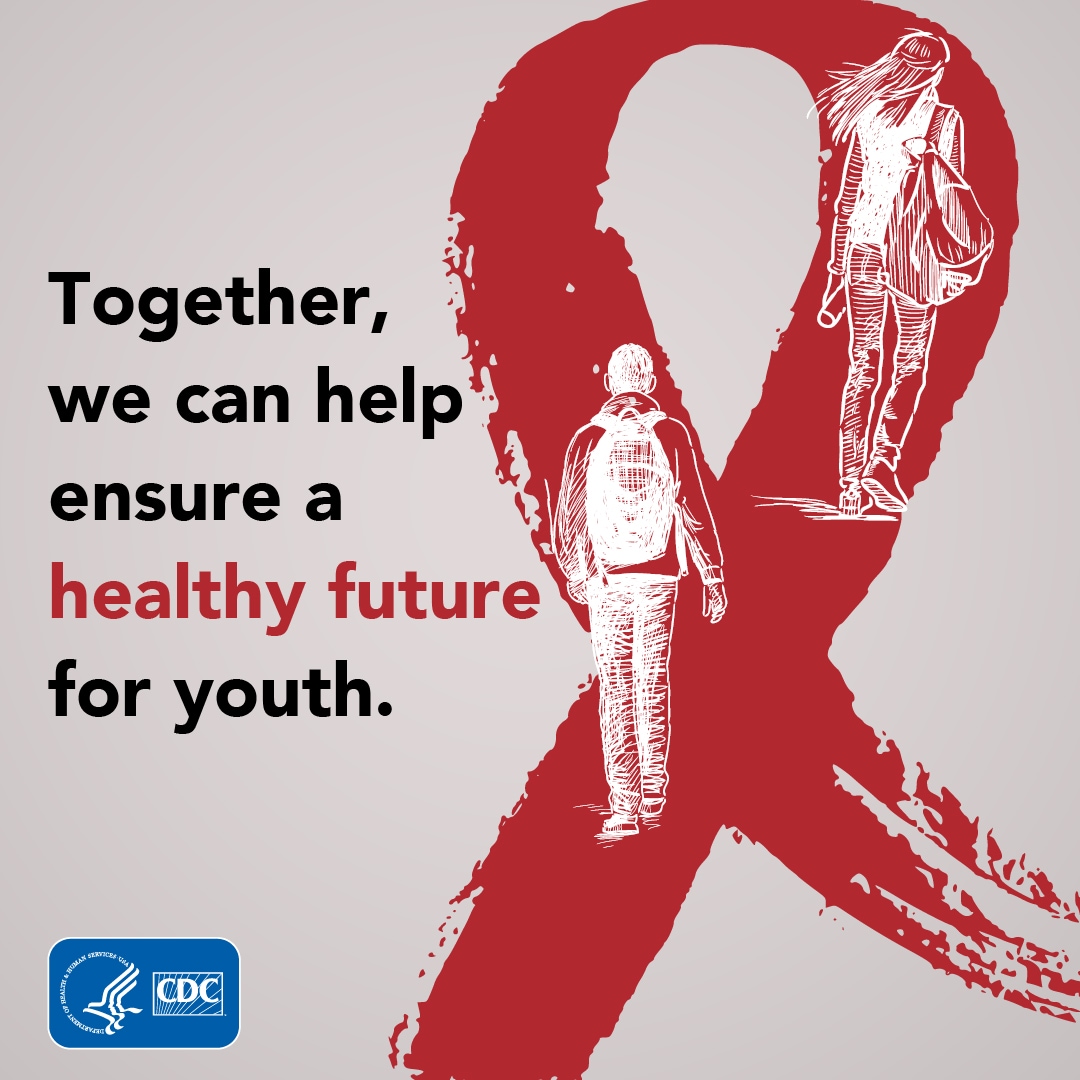 An illustration of a red ribbon with a sketch of two teenagers walking with backpacks. Text says, “Together, we can help ensure a healthy future for youth.”
