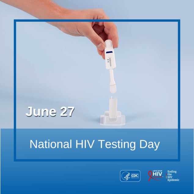 A hand holding and HIV self-test. Text reads, “June 27. National HIV Testing Day.”