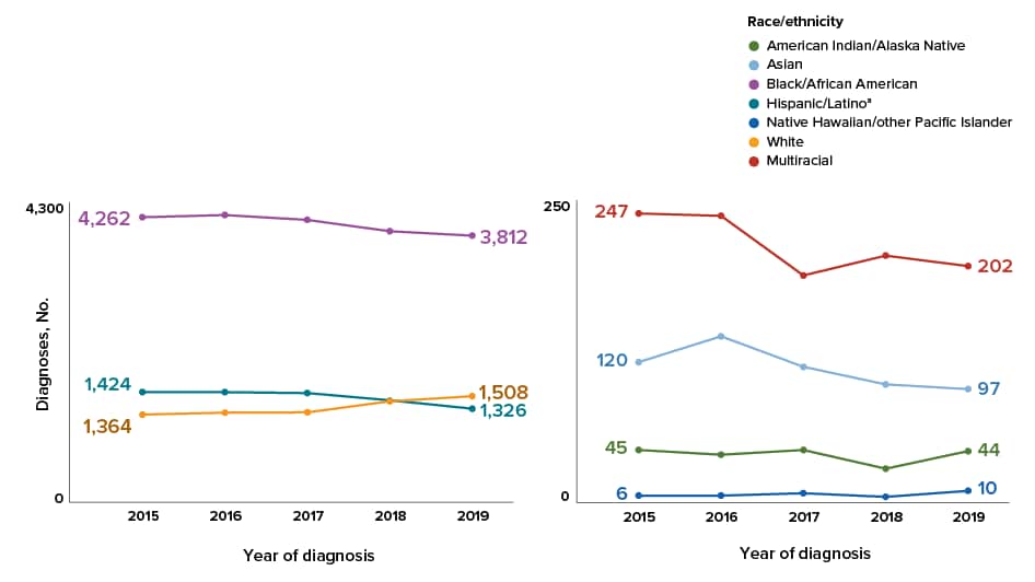 From 2015 through 2019 in the United States and 6 dependent areas, Black/African American female adults and adolescents accounted for the largest numbers of diagnoses of HIV infection each year although the number decreased from 4,262 in 2015 to 3,812 in 2019. White female adults and adolescents was the only race/ethnicity group among females where the number of diagnoses of HIV infection increased (from 1,364 in 2015 to 1,508 in 2019).